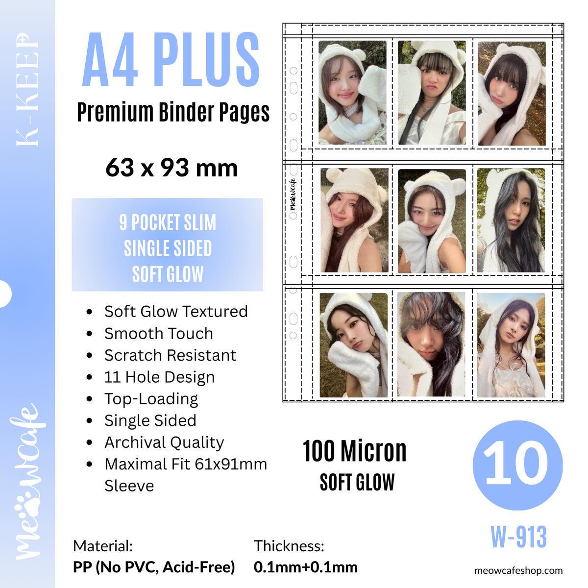 [Soft Glow Series] K-KEEP [A4 PLUS] -  9 Pocket (Slim 63x93mm) - 11 Holes Premium Binder Pages, 100 Micron Thick (Pack of 10) - (W-913)