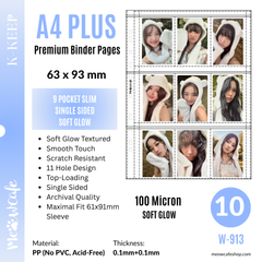 [Soft Glow Series] K-KEEP [A4 PLUS] -  9 Pocket (Slim 63x93mm) - 11 Holes Premium Binder Pages, 100 Micron Thick (Pack of 10) - (W-913)