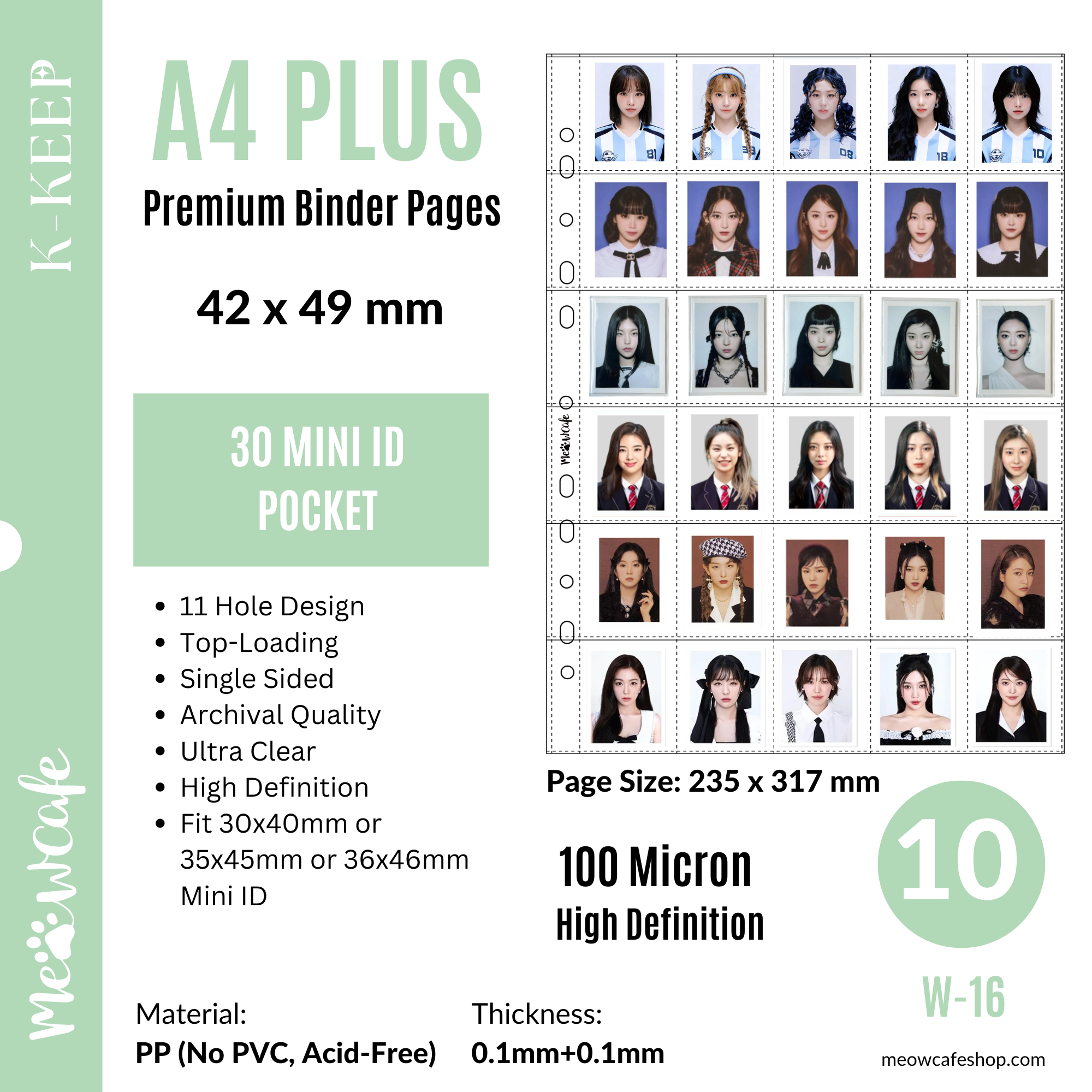 [FREE 20 Pages ON $70+] [B Grade] K-KEEP [A4 PLUS] - 30 Pocket Mini ID Page - 11 Holes Premium Binder Pages, 100 Micron Thick, High Definition (Pack of 10) (W-16)