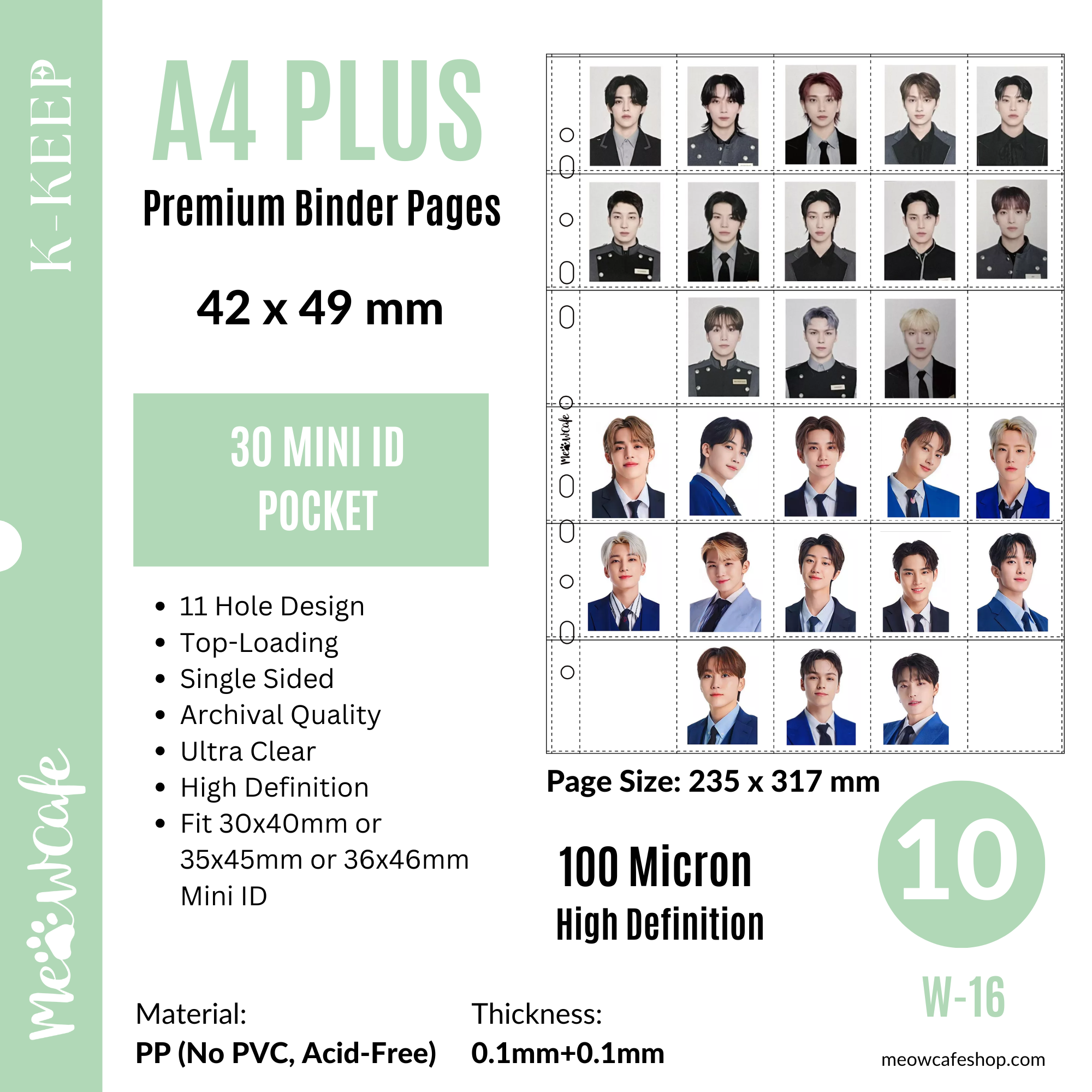 [FREE 20 Pages ON $70+] [B Grade] K-KEEP [A4 PLUS] - 30 Pocket Mini ID Page - 11 Holes Premium Binder Pages, 100 Micron Thick, High Definition (Pack of 10) (W-16)