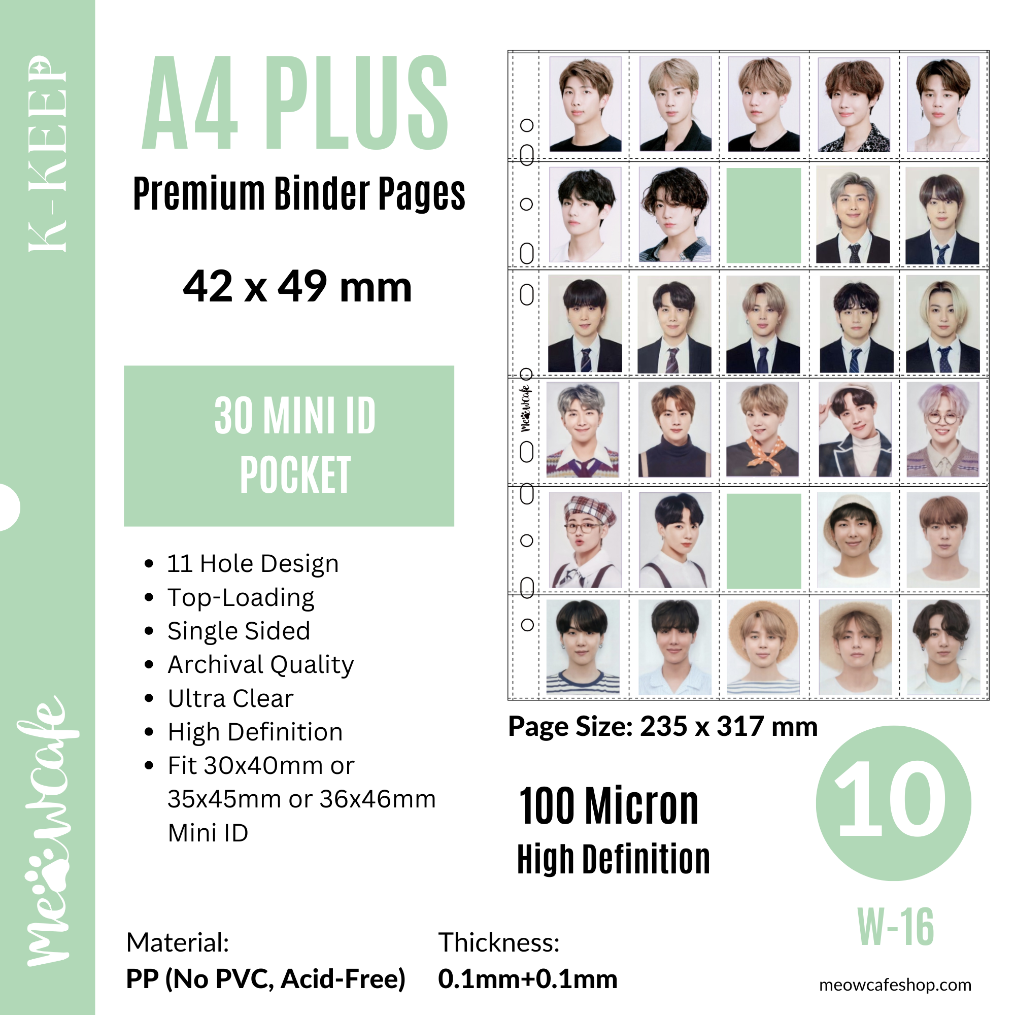 [FREE 20 Pages ON $70+] [B Grade] K-KEEP [A4 PLUS] - 30 Pocket Mini ID Page - 11 Holes Premium Binder Pages, 100 Micron Thick, High Definition (Pack of 10) (W-16)
