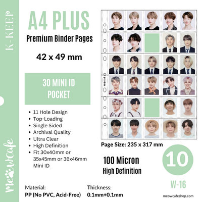 K-KEEP [A4 PLUS] - 30 Pocket Mini ID Page- 42x49 mm  - 11 Holes Premium Binder Pages, 100 Micron Thick, High Definition (Pack of 10) (W-16)
