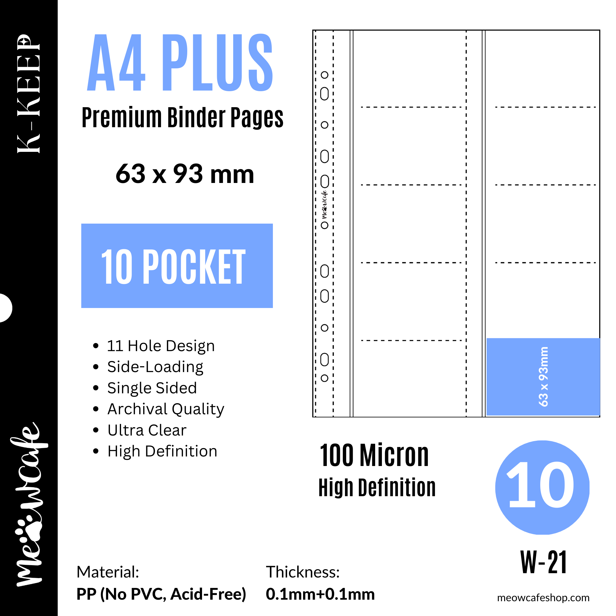 K-KEEP [A4 PLUS] - 10 Pocket 63x93mm - 11 Holes Premium Binder Pages, 100 Micron Thick, High Definition (Pack of 10) - (W-21)
