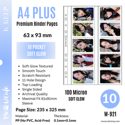 [Soft Glow Series] K-KEEP [A4 PLUS] - 10 Pocket 63x93mm - 11 Holes Premium Binder Pages, 100 Micron Thick (Pack of 10) - (W-921)