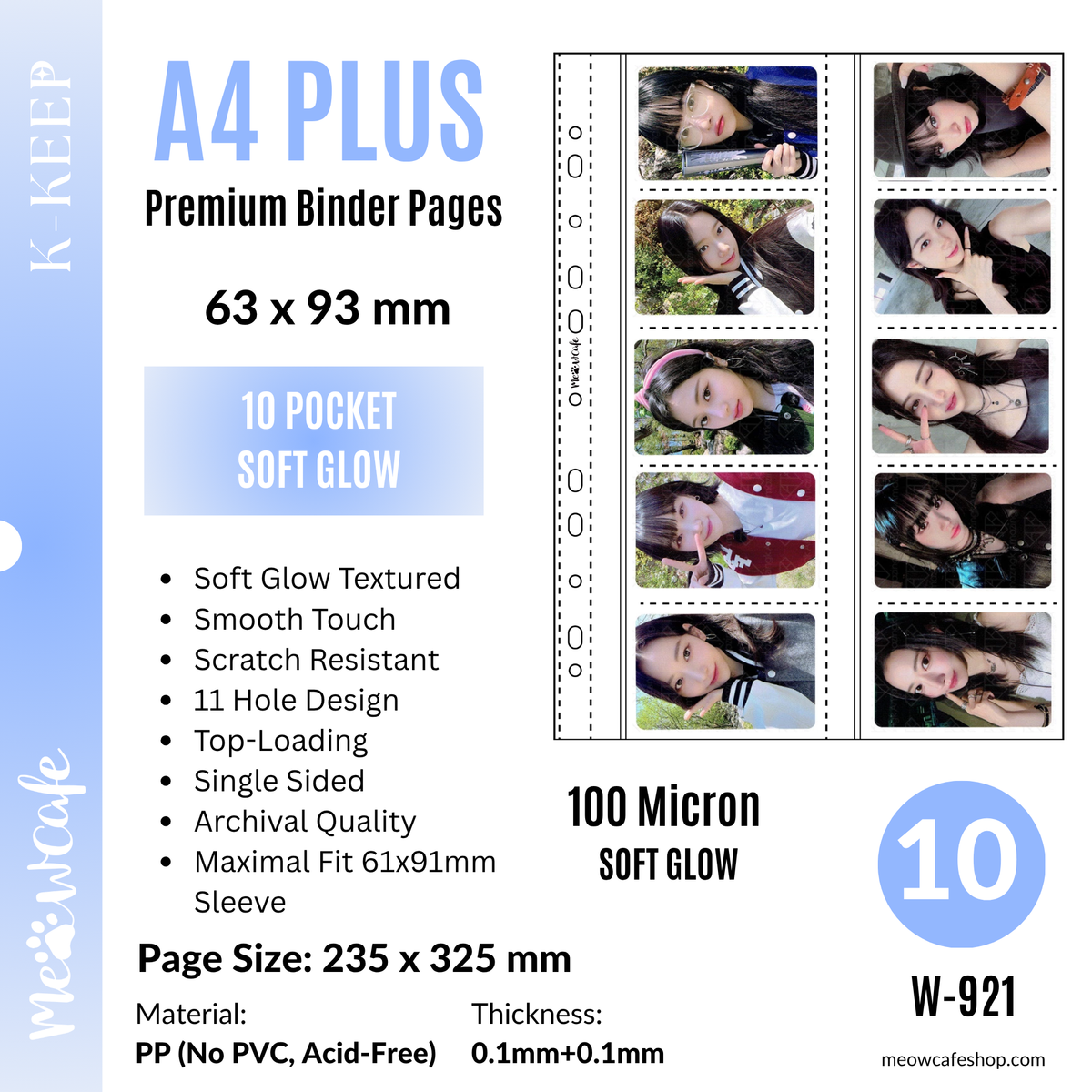 (Coming on Dec 30th) [Soft Glow Series] K-KEEP [A4 PLUS] - 10 Pocket 63x93mm - 11 Holes Premium Binder Pages, 100 Micron Thick (Pack of 10) - (W-921)