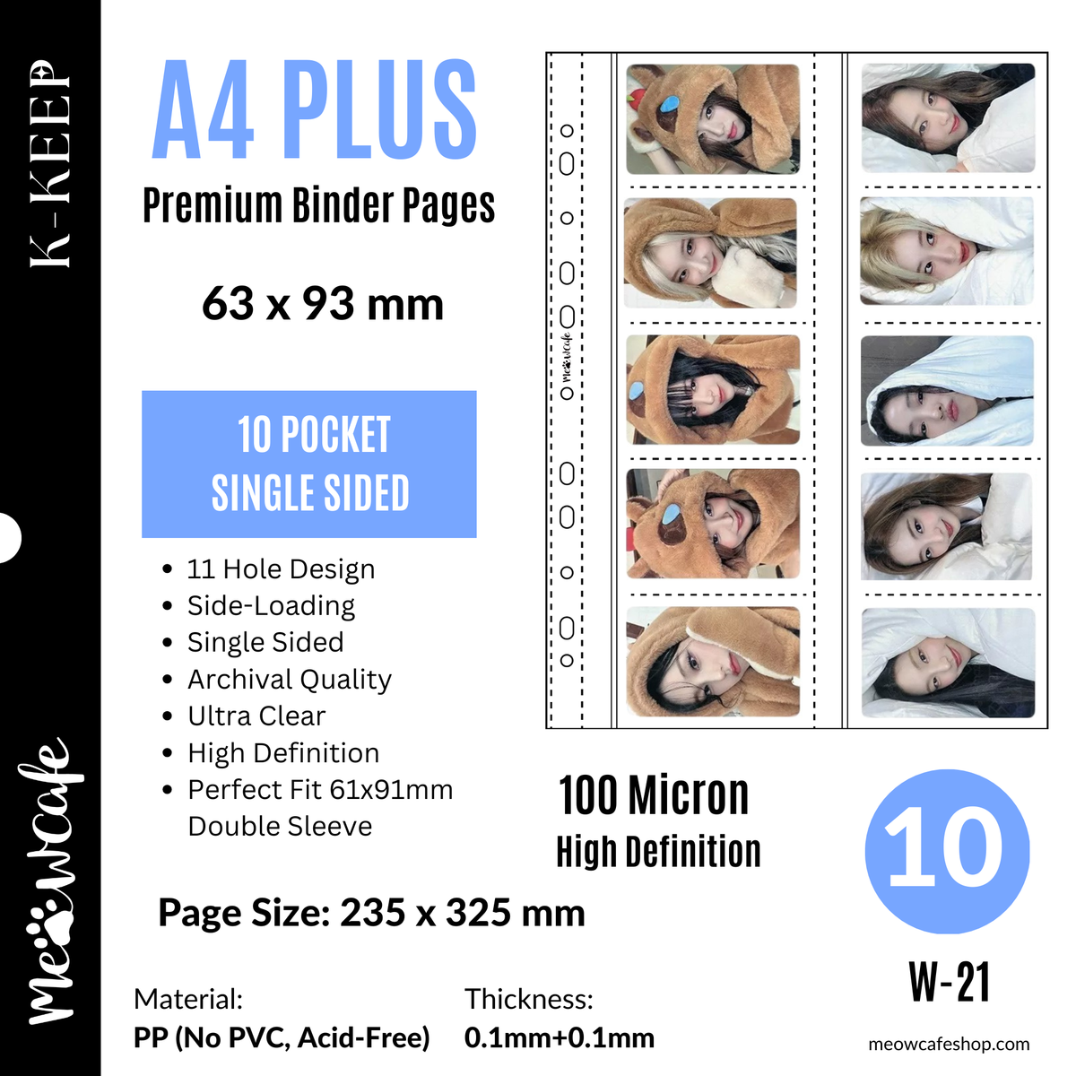 K-KEEP [A4 PLUS] - 10 Pocket 63x93mm - 11 Holes Premium Binder Pages, 100 Micron Thick, High Definition (Pack of 10) - (W-21)