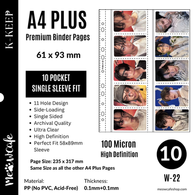 [Max Fit 59.5x91mm Sleeve] K-KEEP [A4 PLUS] - 10 Pocket 61x93mm - 11 Holes Premium Binder Pages, 100 Micron Thick, High Definition (Pack of 10) - (W-22)