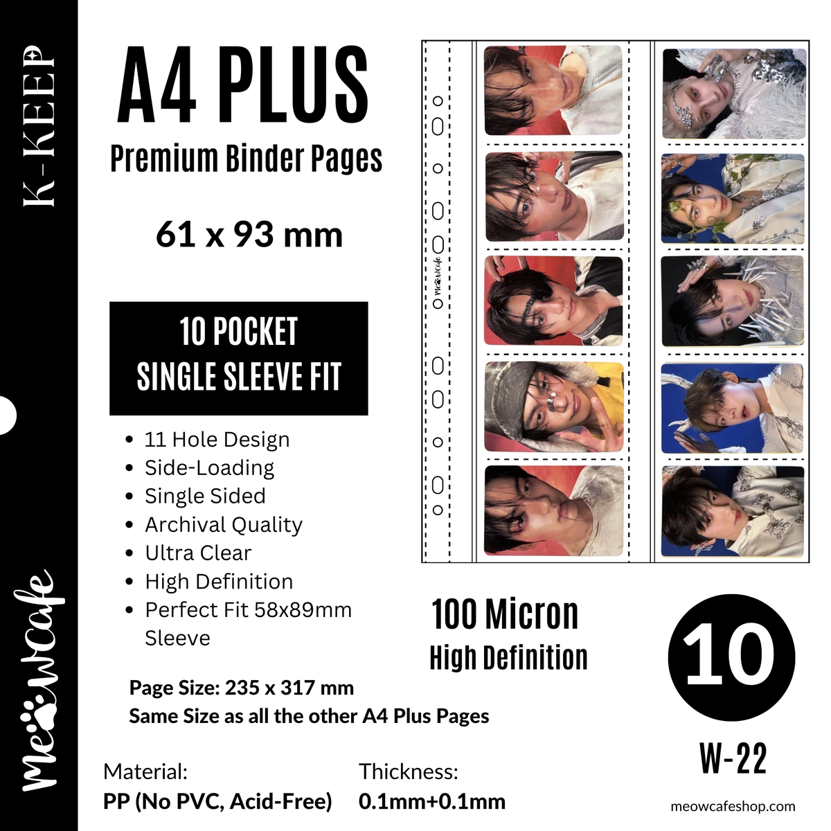 K-KEEP [A4 PLUS] - 10 Pocket 61x93mm - 11 Holes Premium Binder Pages, 100 Micron Thick, High Definition (Pack of 10) - (W-22)