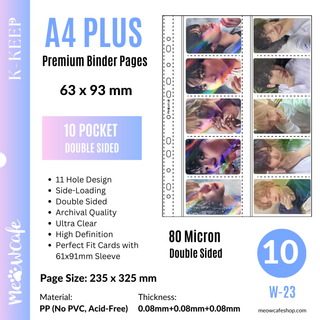 [Double Sided] K-KEEP [A4 PLUS] - 10 Pocket 63x93mm - 11 Holes Premium Binder Pages, 100 Micron Thick, High Definition (Pack of 10) - (W-23)