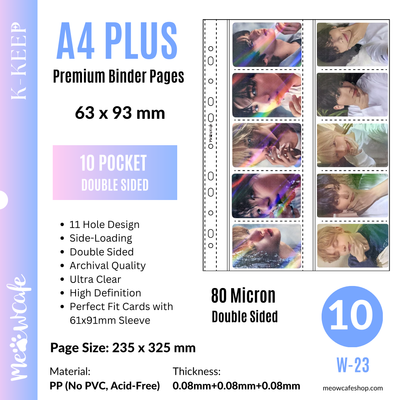 [Double Sided] K-KEEP [A4 PLUS] - 10 Pocket 63x93mm - 11 Holes Premium Binder Pages, 100 Micron Thick, High Definition (Pack of 10) - (W-23)