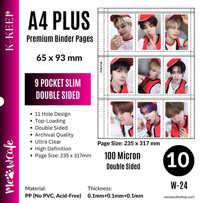 [Double Sided] K-KEEP [A4 PLUS] -  9 Pocket (Slim 65x93mm) - 11 Holes Premium Binder Pages, 100 Micron Thick, High Definition (Pack of 10) - (W-24)