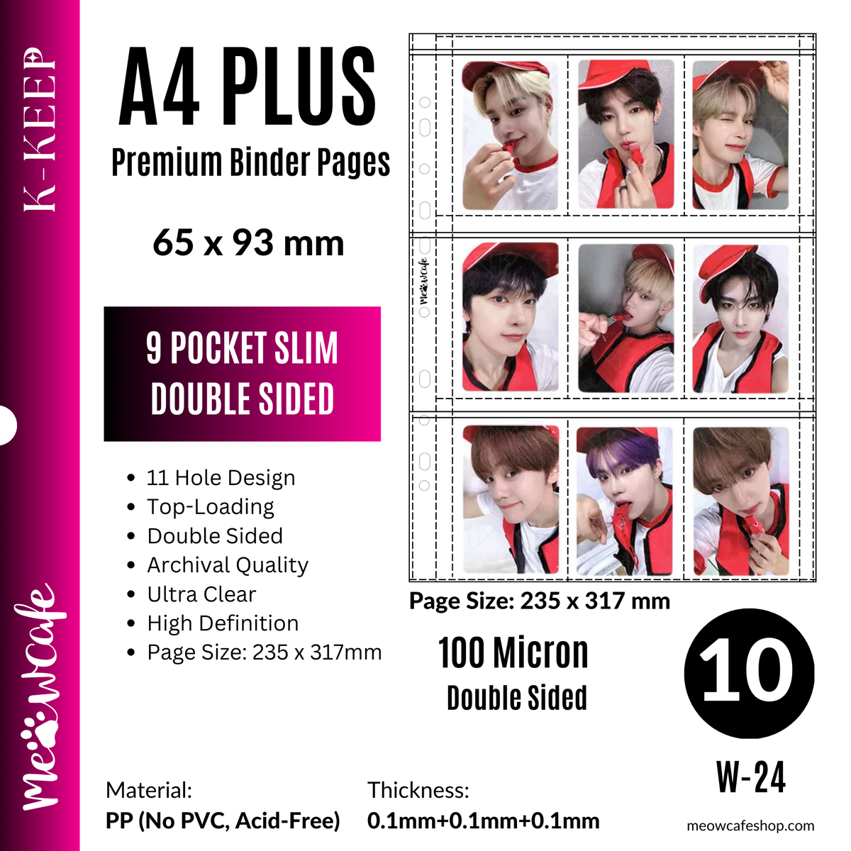 [PRE-ORDER][Double Sided] K-KEEP [A4 PLUS] -  9 Pocket (Slim 65x93mm) - 11 Holes Premium Binder Pages, 100 Micron Thick, High Definition (Pack of 10) - (W-24)