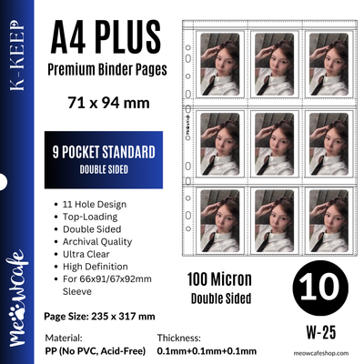 [Double Sided] K-KEEP [A4 PLUS] -  9 Pocket Standard (71x94mm) - 11 Holes Premium Binder Pages, 100 Micron Thick, High Definition (Pack of 10) - (W-25) Fits Monsta X, Pokemon, 66x91mm Dragon Shield Sleeve