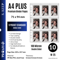 [PRE-ORDER][Double Sided] K-KEEP [A4 PLUS] -  9 Pocket Standard (71x94mm) - 11 Holes Premium Binder Pages, 100 Micron Thick, High Definition (Pack of 10) - (W-25) Fits Monsta X, Pokemon, 66x91mm Dragon Shield Sleeve