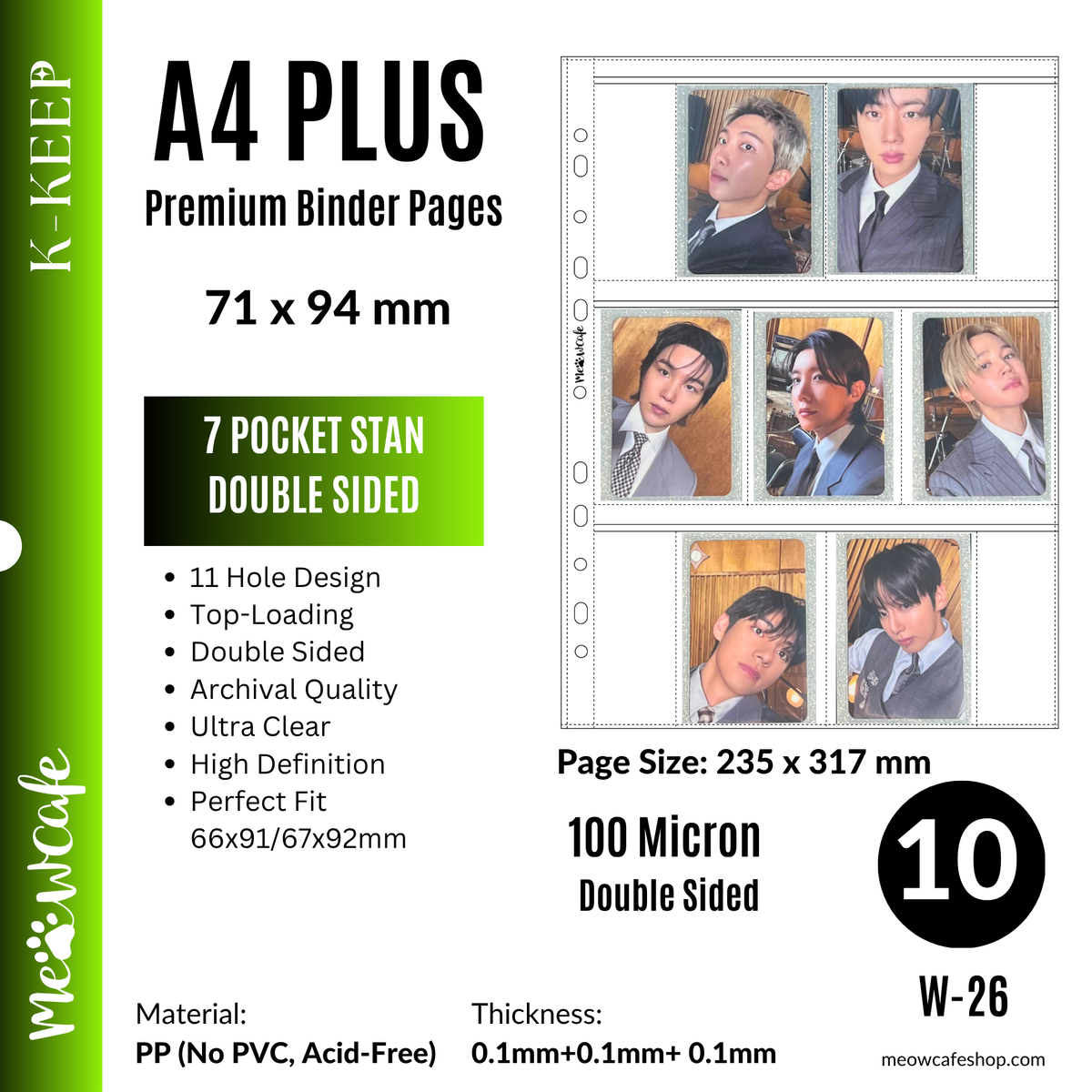 [Double Sided] K-KEEP [A4 PLUS] -  7 Pocket Standard (71x94mm) - 11 Holes Premium Binder Pages, 100 Micron Thick, High Definition (Pack of 10) - (W-26) Fits Monsta X, Pokemon, 66x91mm Dragon Shield Sleeve