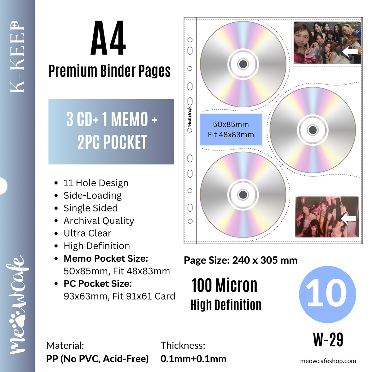 [PRE ORDER] [Ship on Oct 30th] K-KEEP [A4] - 3 CD+ 1 Memo + 2PC Pocket Page- 11 Holes Premium Binder Pages, 100 Micron Thick, High Definition (Pack of 10)