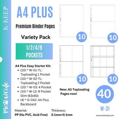 (New Valued Set) K-KEEP [A4 PLUS] - Beginner Friendly Variety Pack of 40 Pages - 11 Holes Premium Binder Pages, 100 Micron Thick, High Definition W-31