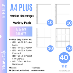 (New Valued Set) K-KEEP [A4 PLUS] - Beginner Friendly Variety Pack of 40 Pages - 11 Holes Premium Binder Pages, 100 Micron Thick, High Definition