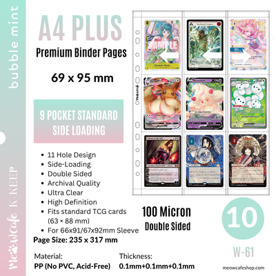 [Side-Loading][Double Sided] K-KEEP [A4 PLUS] - 9 Pocket Standard (69x95mm) - 11 Holes Premium Binder Pages, 100 Micron Thick, High Definition (Pack of 10) - (W-61) Fits Pokemon, Magic, One Piece TCG Cards in 66x91mm / 67x92mm Sleeves W-61