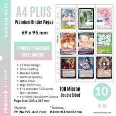 [Side-Loading][Double Sided] K-KEEP [A4 PLUS] - 9 Pocket Standard (69x95mm) - 11 Holes Premium Binder Pages, 100 Micron Thick, High Definition (Pack of 10) - (W-61) Fits Pokemon, Magic, One Piece TCG Cards in 66x91mm / 67x92mm Sleeves W-61