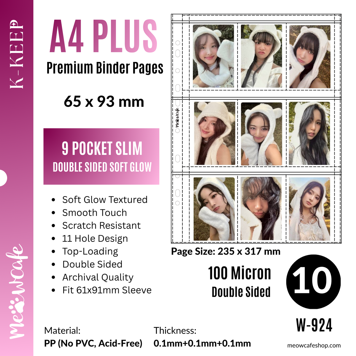 [Soft Glow Series][Double Sided] K-KEEP [A4 PLUS] - 9 Pocket Slim (65x93mm) - 11 Holes Premium Binder Pages, 100 Micron Thick, Anti-Glare Matte (Pack of 10) - (W-924) Perfect Fit for 61x91mm Double Sleeve Photocard