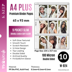 [Soft Glow Series][Double Sided] K-KEEP [A4 PLUS] - 9 Pocket Slim (65x93mm) - 11 Holes Premium Binder Pages, 100 Micron Thick, Anti-Glare Matte (Pack of 10) - (W-924) Perfect Fit for 61x91mm Double Sleeve Photocard