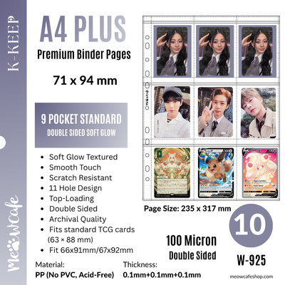 [Soft Glow Series][Double Sided] K-KEEP [A4 PLUS] - 9 Pocket Standard (71x94mm) - 11 Holes Premium Binder Pages, 100 Micron Thick, Anti-Glare Matte (Pack of 10) - (W-925) Fits Pokemon, Monsta X, 66x91mm / 67x92mm Sleeves