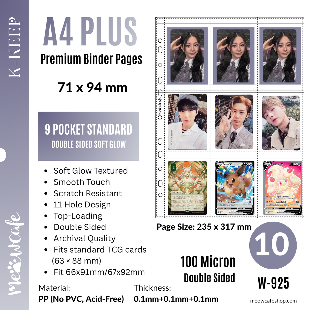 [Soft Glow Series][Double Sided] K-KEEP [A4 PLUS] - 9 Pocket Standard (71x94mm) - 11 Holes Premium Binder Pages, 100 Micron Thick, Anti-Glare Matte (Pack of 10) - (W-925) Fits Pokemon, Monsta X, 66x91mm / 67x92mm Sleeves