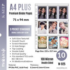 [Soft Glow Series][Double Sided] K-KEEP [A4 PLUS] - 9 Pocket Standard (71x94mm) - 11 Holes Premium Binder Pages, 100 Micron Thick, Anti-Glare Matte (Pack of 10) - (W-925) Fits Pokemon, Monsta X, 66x91mm / 67x92mm Sleeves
