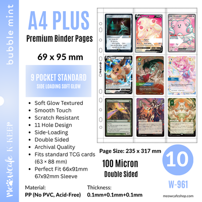 [Soft Glow Series][Side-Loading][Double Sided] K-KEEP [A4 PLUS] - 9 Pocket Standard (69x95mm) - 11 Holes Premium Binder Pages (Pack of 10)  Fits Pokemon, Magic, One Piece TCG Cards in 66x91mm / 67x92mm Sleeves W-961