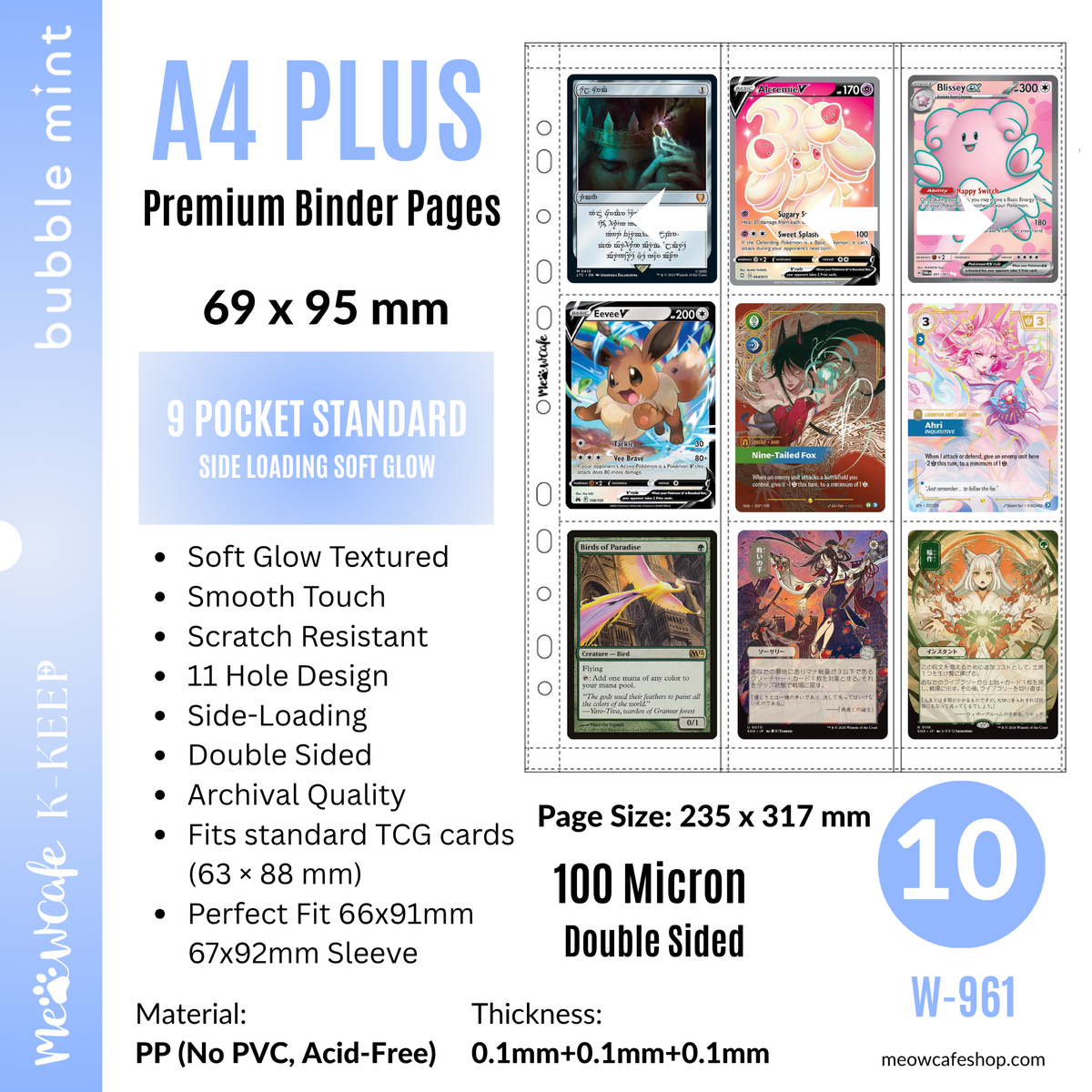 [Soft Glow Series][Side-Loading][Double Sided] K-KEEP [A4 PLUS] - 9 Pocket Standard (69x95mm) - 11 Holes Premium Binder Pages (Pack of 10)  Fits Pokemon, Magic, One Piece TCG Cards in 66x91mm / 67x92mm Sleeves W-961