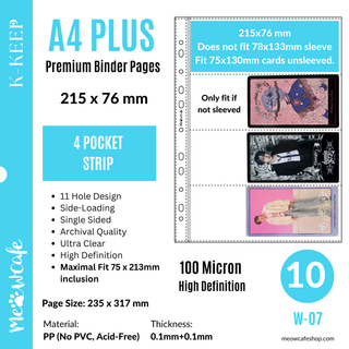 K-KEEP [A4 PLUS] -  4 Horizontal Pocket (Strip)- 215x76 mm - 11 Holes Premium Binder Pages, 100 Micron Thick, High Definition (Pack of 10) - (W-07)