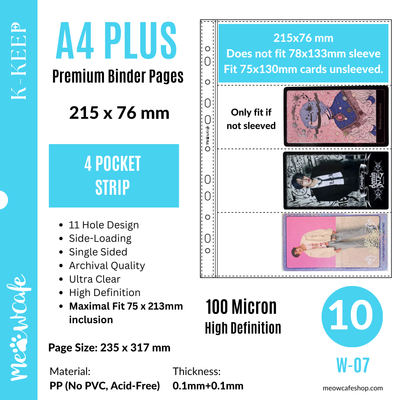 K-KEEP [A4 PLUS] -  4 Horizontal Pocket (Strip)- 215x76 mm - 11 Holes Premium Binder Pages, 100 Micron Thick, High Definition (Pack of 10) - (W-07)