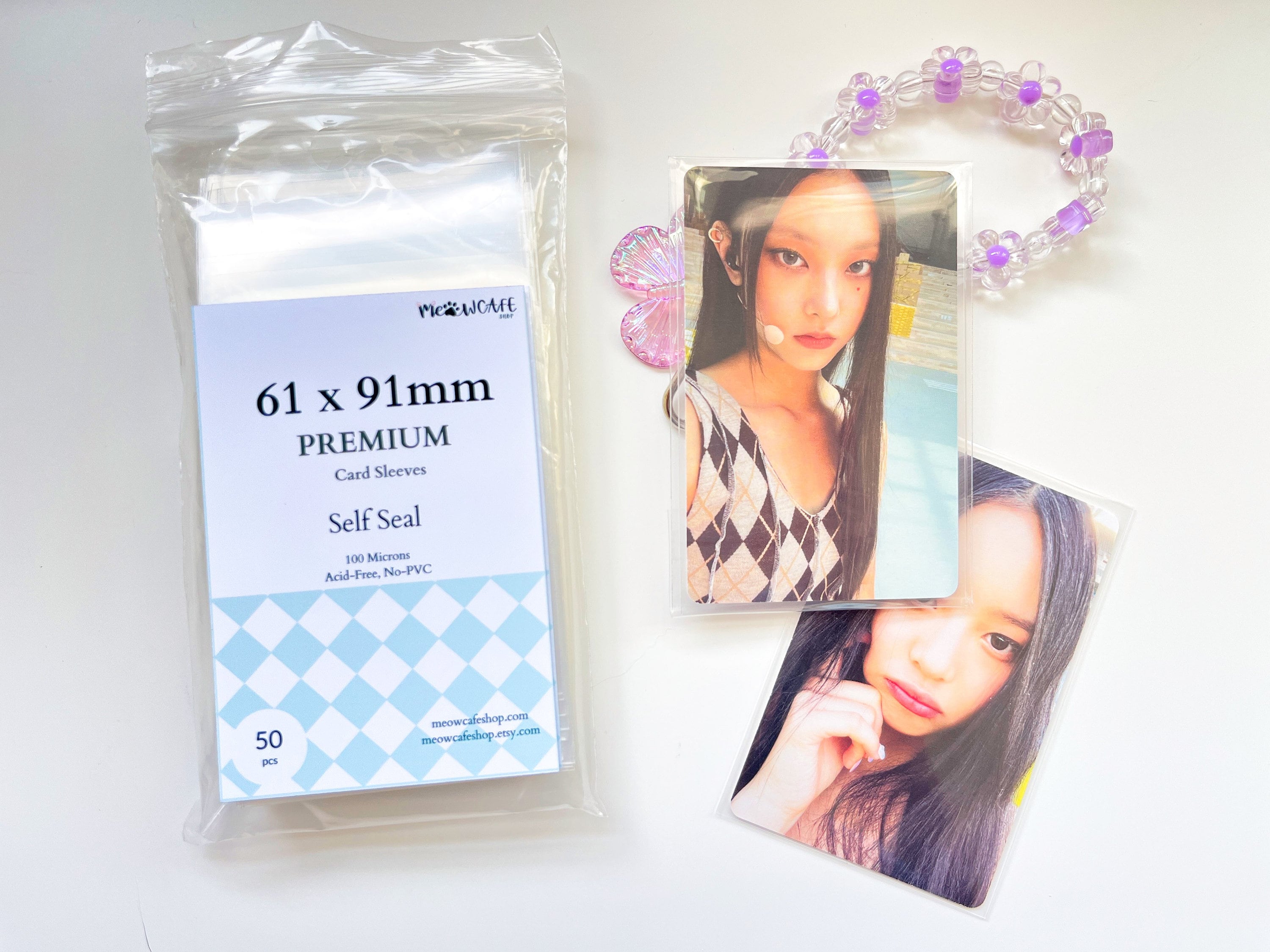 Meowcafe [61x91 mm Self-Seal] Premium Kpop Photocard Sleeves for Double Sleeve 58x89mm sleeve  (100 Micron Thick) |  Acid and PVC Free