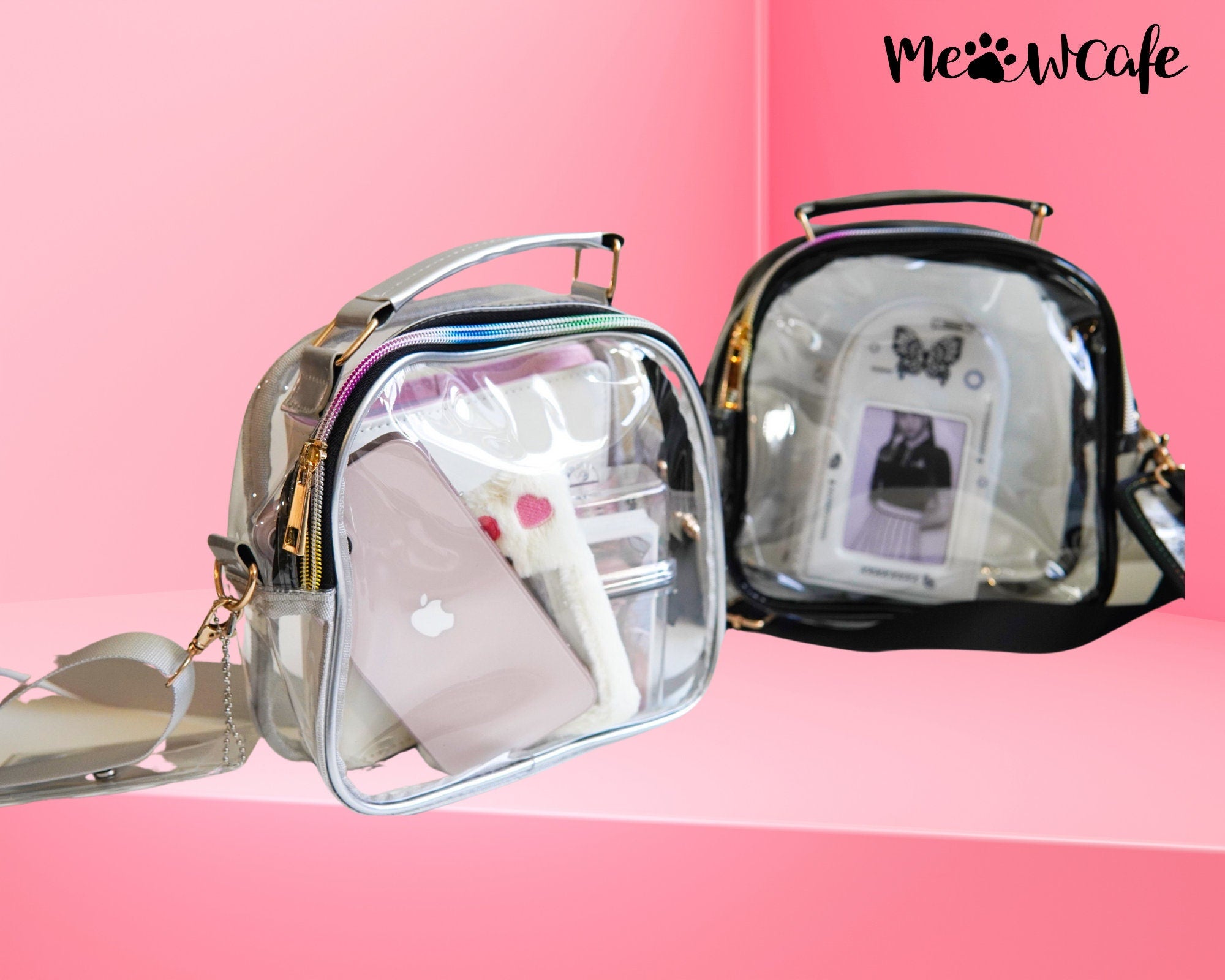 Clear Kpop Concert Bag | Stadium Approve Crossbody Kpop Merch Hologram Silver Black Game Day Bag Cute Adjustable Strap Gifts for Kpop Stan