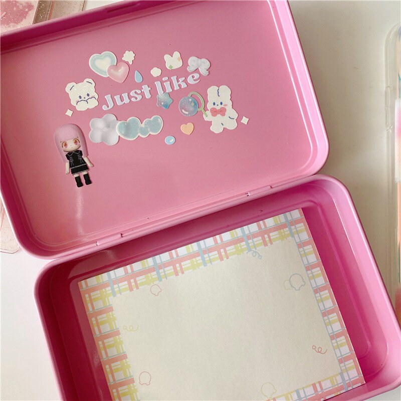 Kawaii Pink Photocard Storage Metal Tin, Cute Sticker Storage Tin Photocard Storage Box Container Pink Metal Tin, Gifts