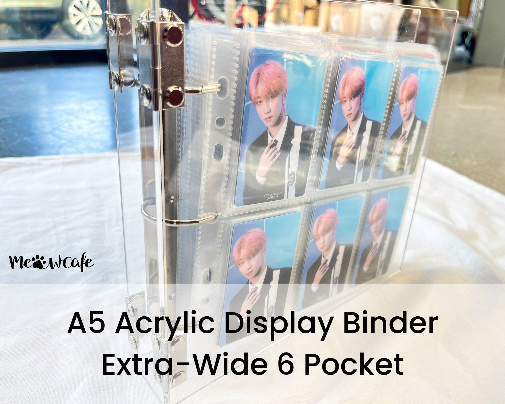 Meowcafe Premium A5 Acrylic Extra-Wide 6 Pocket Binder 3 x 1.5 inch D-Ring Large Capacity OT5 OT6 Kpop Photocard Binder