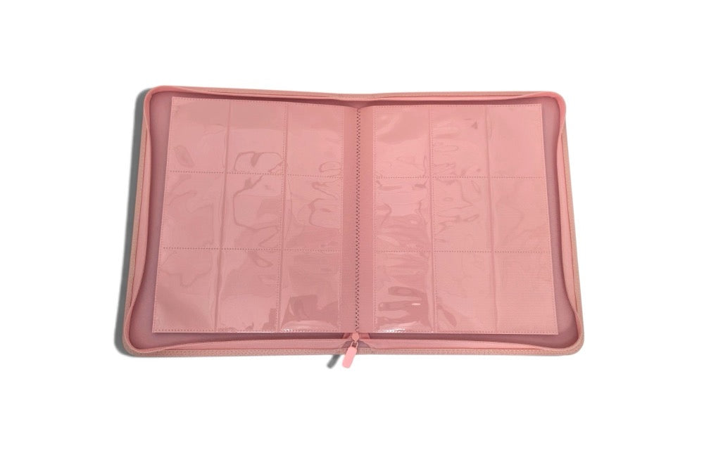 Stay Flat 9-pocket binder in pink open flat with pink pages, 3 by 3 pockets per page