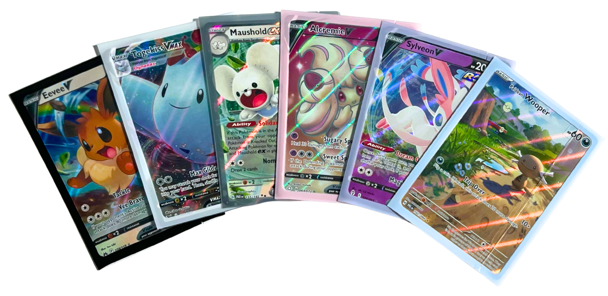 Colored Frame sleeves in six colors on Pokémon cards — mock-up